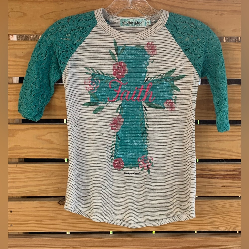 Southern Grace NEW girls 6-8youth, lace raglan sleeve, FAITH cross graphic shirt